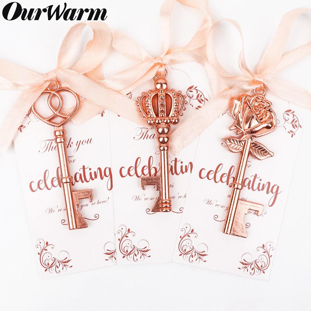 Ourwarm 50 sæt bryllup til gæster rosaguld nøgle zinklegering flaskeåbner med tags fest favoriserer kommunion souvenirs