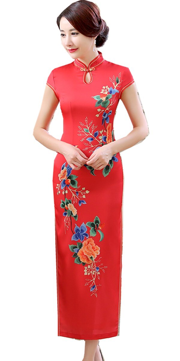 Chinese Traditional Clothes Long Qipao for women: Red / M