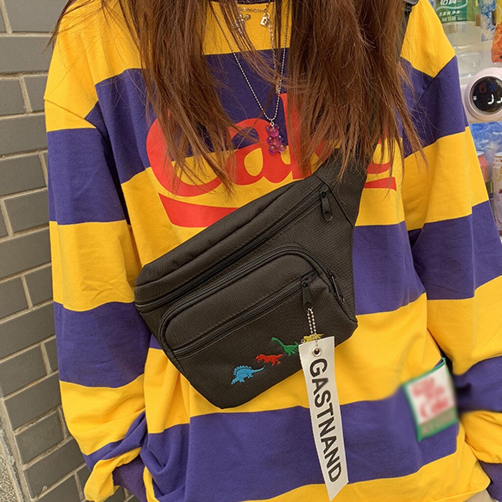 Nette Karikatur Dinosaurier Stickerei Große Taille Tasche Frauen Handy, Mobiltelefon Harajuku Hüfte hüpfen Straße Brust fanny Pack Brust tasche einfarbig