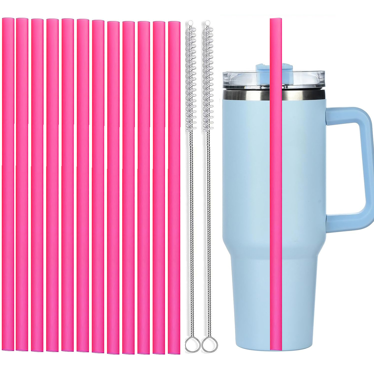 12Pcs Color Replacement Straws for Stanley 30/40 oz Tumbler , 12 in Long Reusable Plastic Straws for Stanley Cup, Plus 2 Brush: Olive