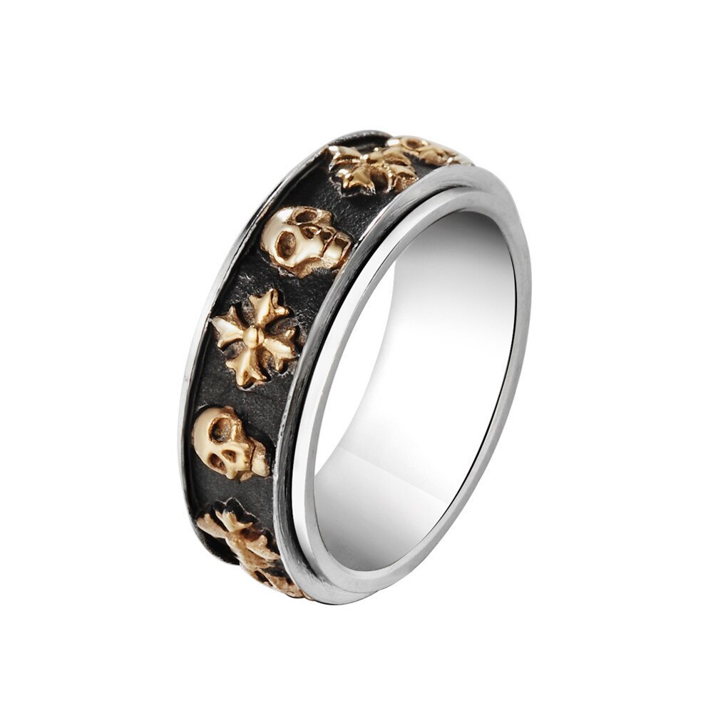 Anello da uomo in acciaio inossidabile 316L con teschio incrociato anello girevole stile Punk retrò gioielli moda Biker: 10 / Between gold