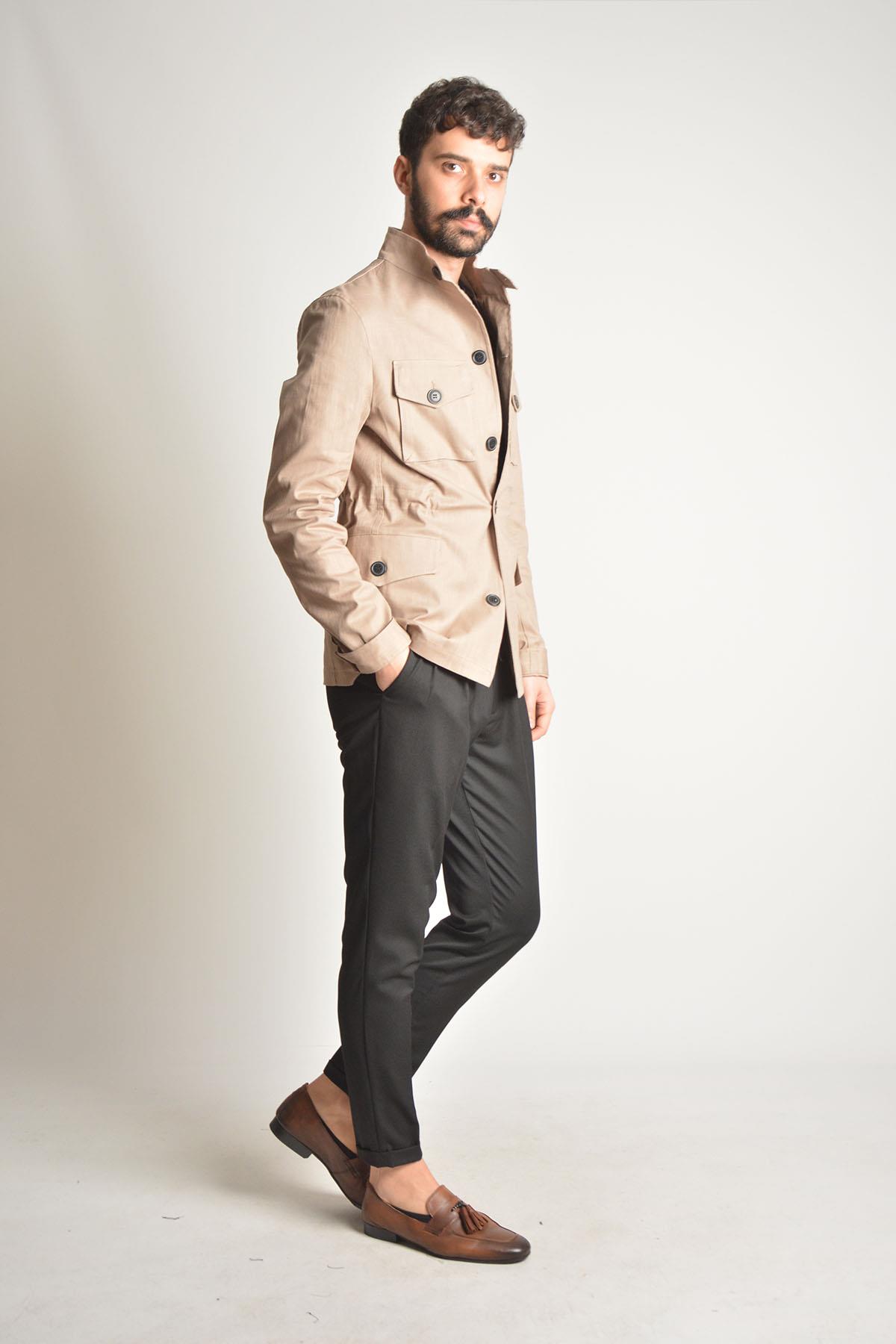 Safari-Chaqueta de lino para hombre, con bolsillos articulados, color Beige