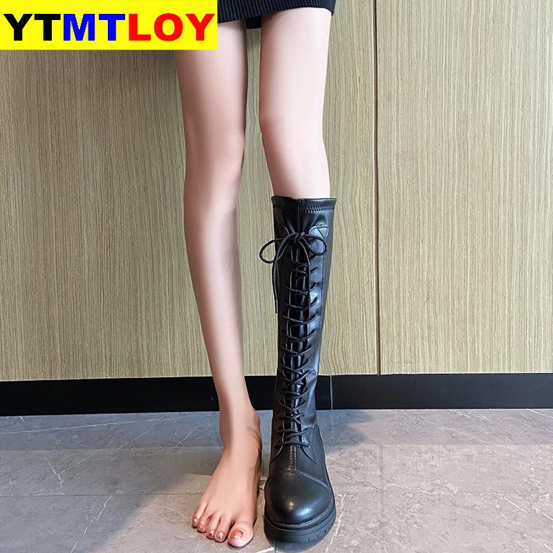 Long boots women's knees British wind retro versatile square head front strap leather boots thick with knight boots