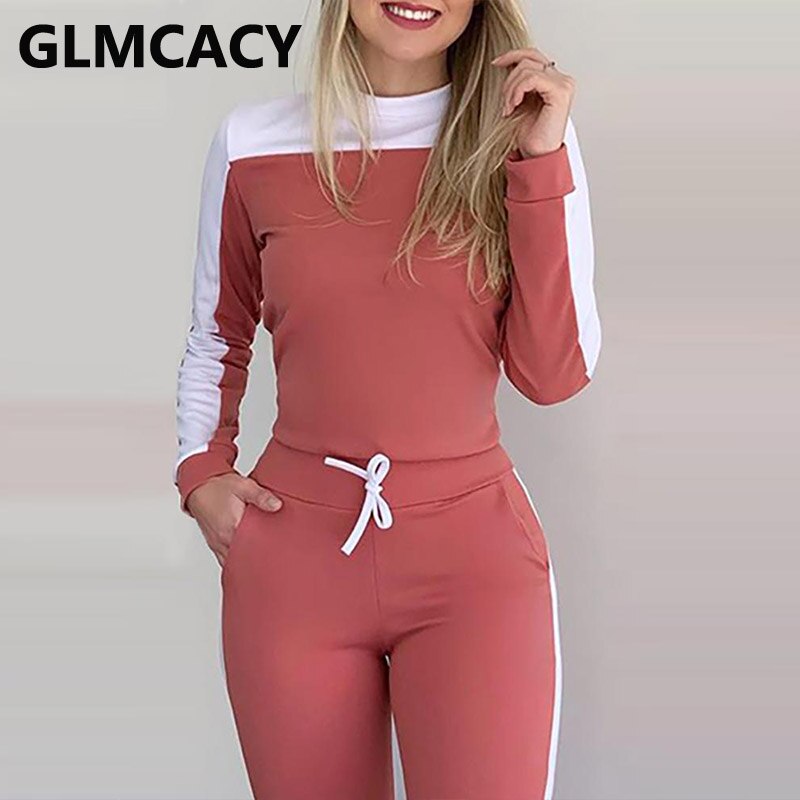 Colorblock Long Sleeve Top & Drawstring Pants Set 2 Piece Sets Womens Comfort Lounge Outfits