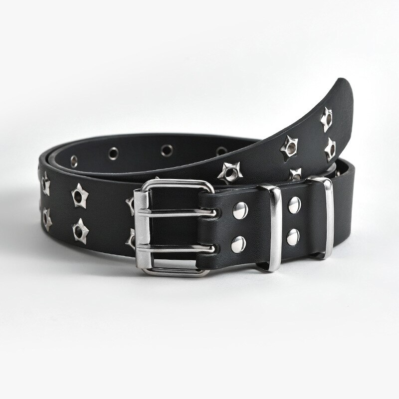 Punk Style Double Star Eyelet Waist Belt Adjustable PU Leather Punk Belt Wide Belt Two Row Hole Pin Buckle Female Belt: Black