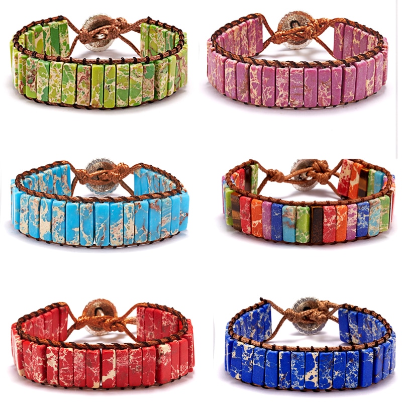 Chakra Bracelet Jewelry Handmade Multi Color Natural Stone Tube Beads Leather Wrap Couples Bracelets