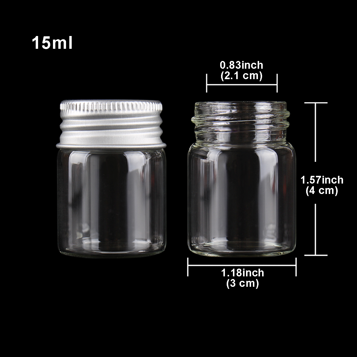 Botellas de vidrio con tapas de aluminio para boda, frascos de vidrio con tapas para favores, manualidades artísticas, 10ml, 15ml, 20ml, 25ml, 30ml, 40ml, 50ml, 60ml, 80ml, 100ml, 24 unids/lote: 15ml(30X40mm)