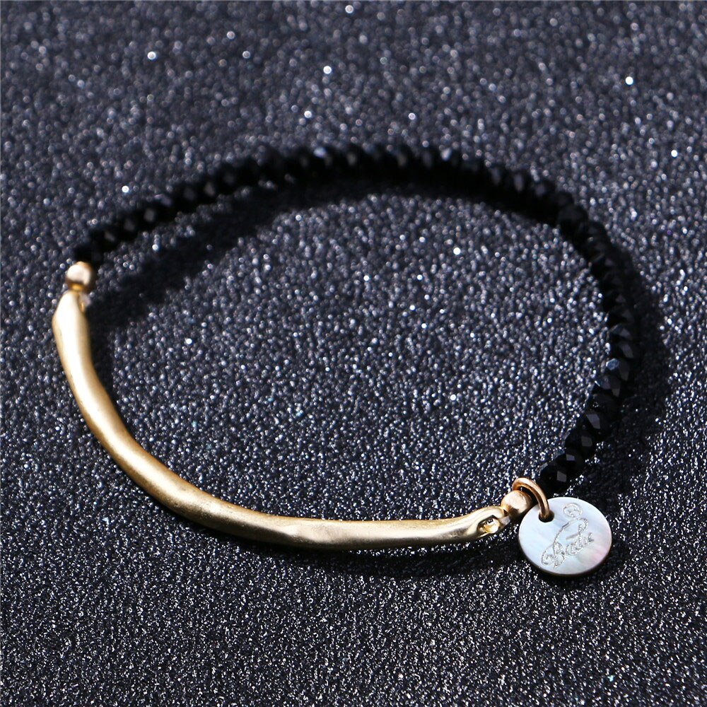 Black Crystal Beaded Bracelet Female Gold Adjustable Copper Tube Elastic Bracelet Simple Shape Jewelry