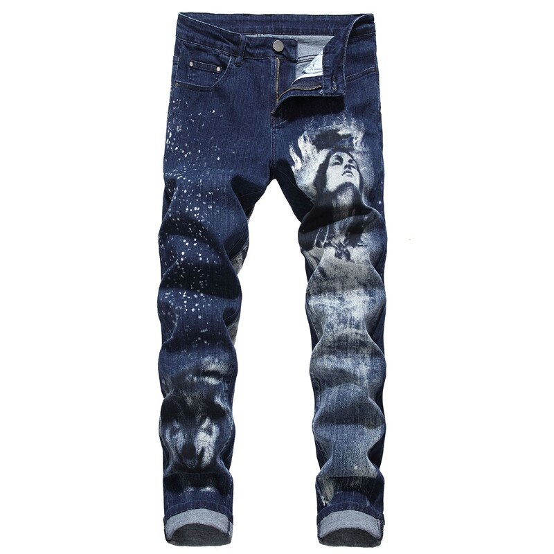 Idopy heren jeans met print, rekbaar, cool, nachtclub, feest, wolf, vrouw, patroon, 3d lange broeken