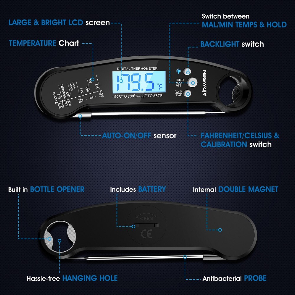 AIRMSEN Food Thermometer Kitchen Thermometer Digital Thermometer Meat Thermometer BBQ Waterproof Kitchen Cooking Tools