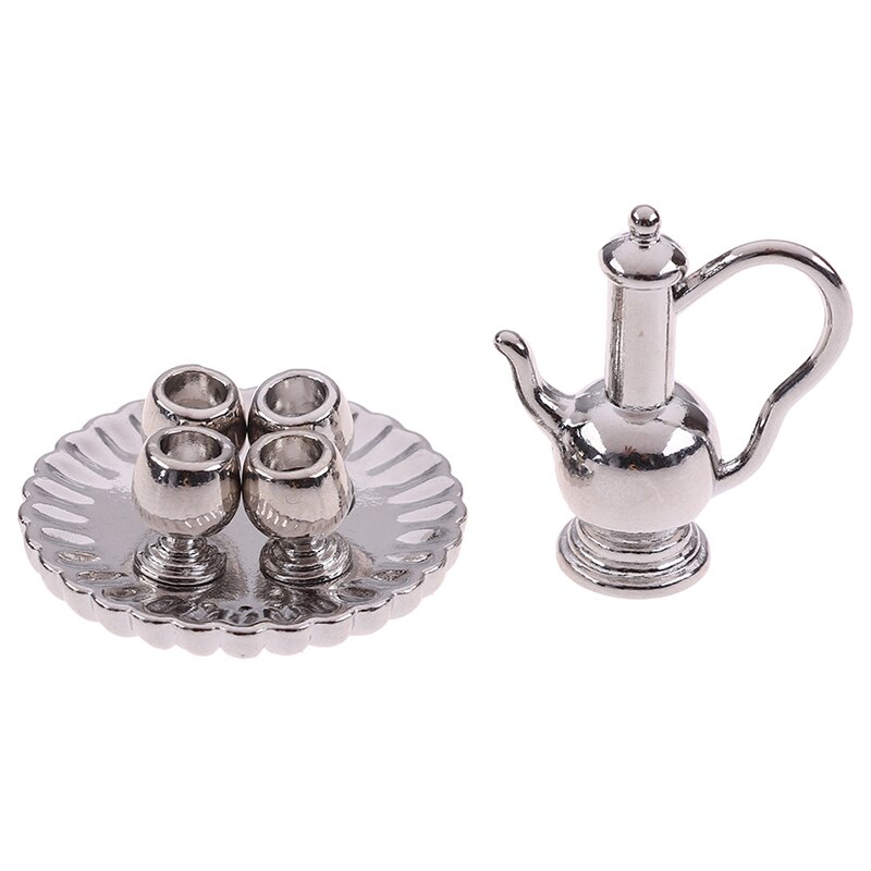 6pcs/set 1:12 Dollhouse Miniature Accessories Mini Flagon Wine Pot Cup Tray Simulation Furniture Model Toys For Doll House Decor: Silver