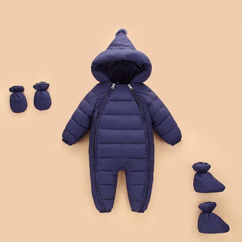 Brand Born Baby Jumpsuit Kostuum Rompertjes Meisje Slijten Katoen Baby Snowsuit Hooded Jongens Overalls Winter Kruipen Kleding: Navy blue / 24M