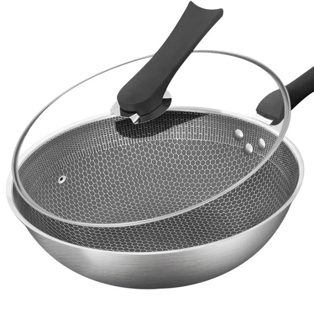 Chinese Gezonde Kok Zwarte Koken 201 Roestvrij Staal Honingraat Anti-aanbak Wok: D 34CM