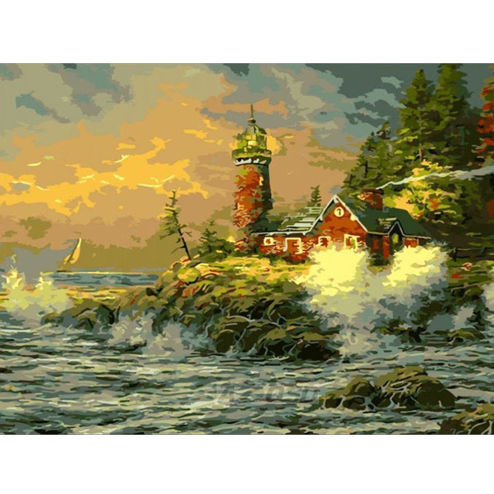 AZQSD Paint By Numbers Landscape Home Decor Acrylic Modular Digital Oil Painting Seaside Lighthouse Wall Art Frameless szyh160