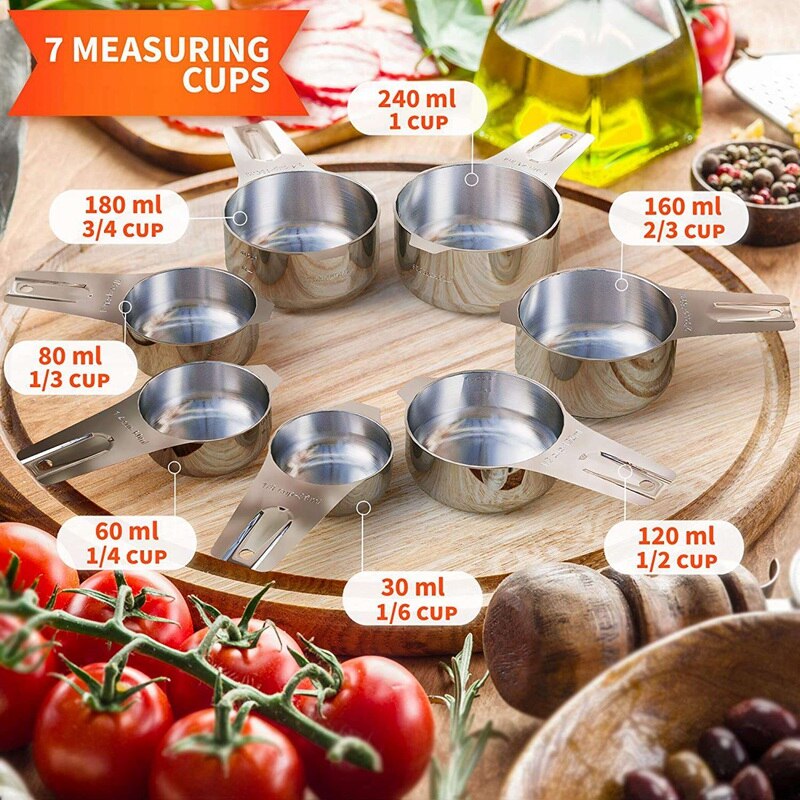 Tasses à mesurer et cuillères inox lot de 14 pièces, 7 tasses gigognes et 7 cuillères empilables Portable