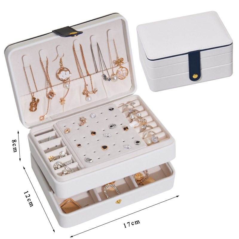 Caja de joyería de viaje portátil, cajas S/M/L, organizador de joyas de 3 capas, caja de joyería con botón, almacenamiento de cuero, Joyeroe para joyeros: Blanco