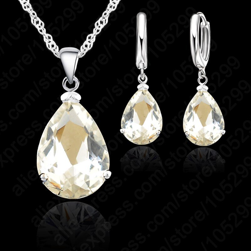Vand kvinde fest bryllup smykker 925 sterling sølv cubic zircon øreringe halskæde sæt 9 farver: Hvid