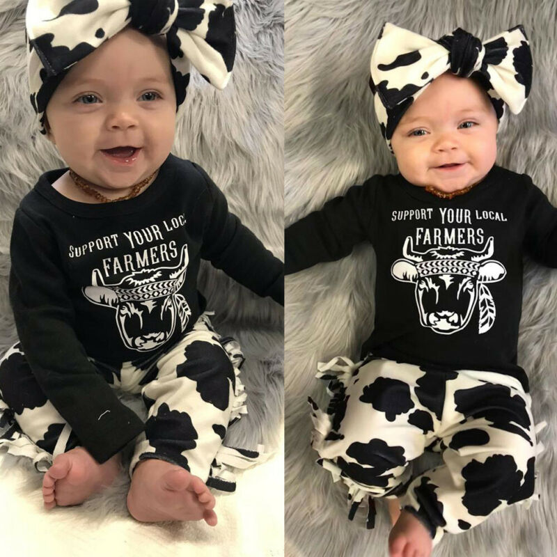 Nyfødt baby pige dreng ko t-shirt kvaster bukser pandebånd outfits tøj sæt