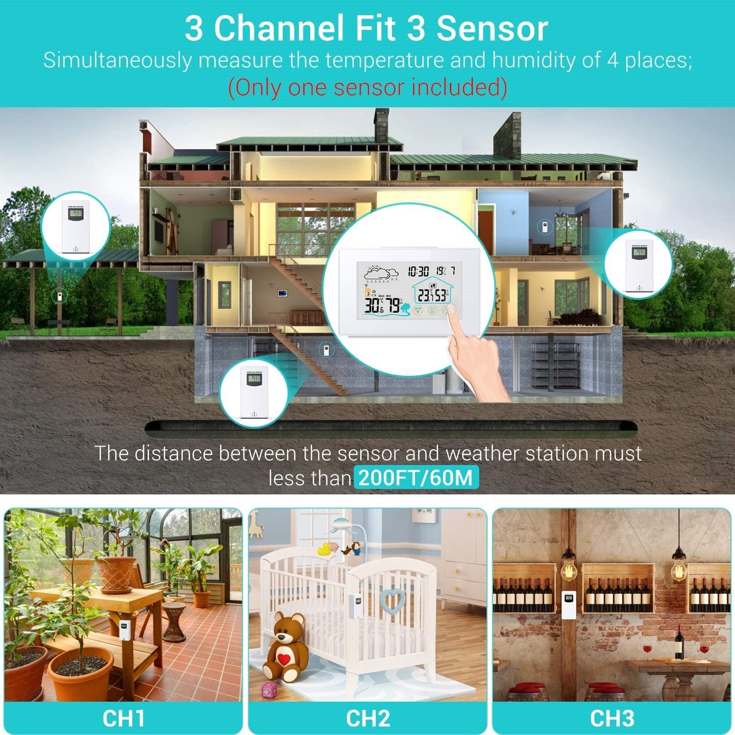 Digoo – Station météo thermomètre et hygromètre sans fil DG-TH8380, avec écran tactile, prévision extérieure, horloge