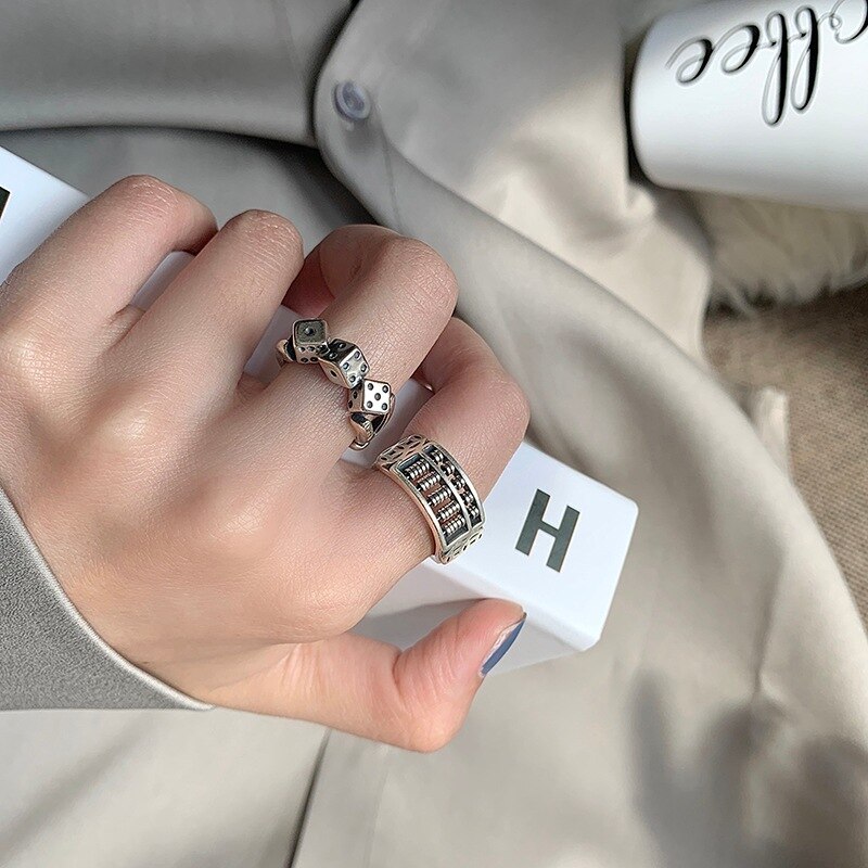 Vintage Punk 925 Sterling Silver Rings Personality Jewelry INS Simple Hollow Geometric Party Accessories: Ring Set