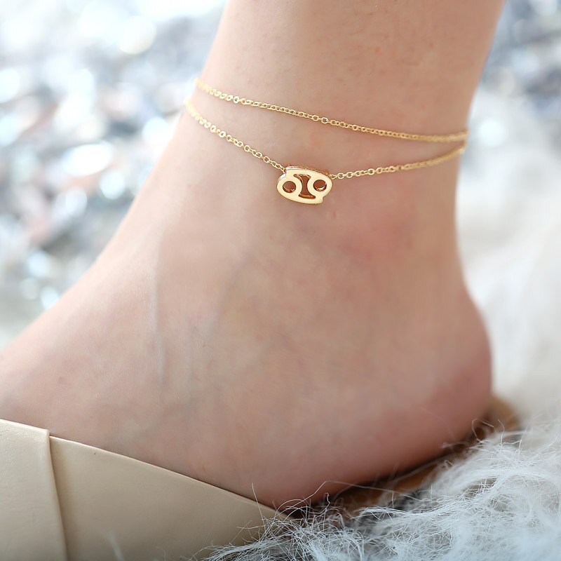 Trendy strandvoetenarmband sieraden van dubbellaags vergulde ketting met dierenriem enkelbandjes voor dames met bedels: Kanker