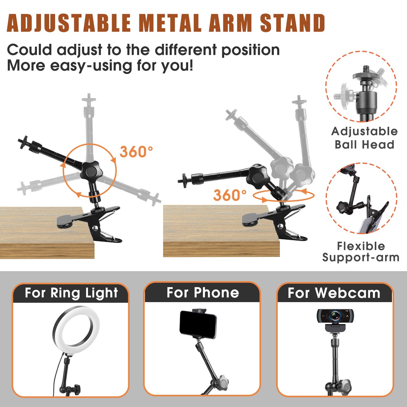 Ring Light for Laptop Computer Video with Clip&Overhead Tripod, LED Selfie 6" Light with Magic Arm&Phone Holder for iPhone