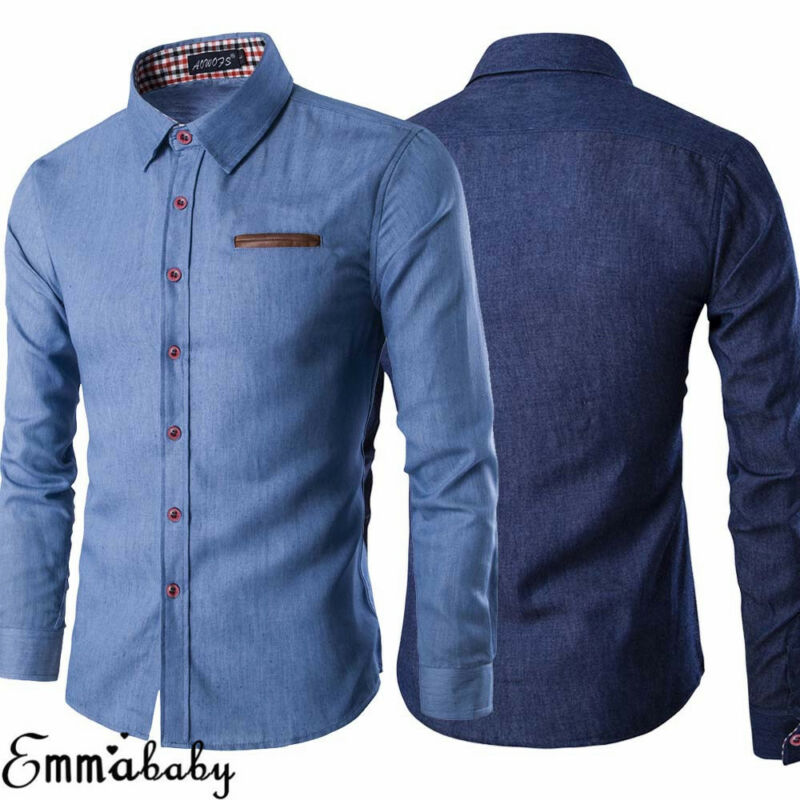 Märke män casual slim fit snygg tvätt denim långärmade jeansskjortor smart casual herrkläder m-xxxl