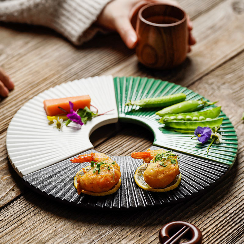 Platos en forma de abanico para servir, vajilla de cerámica, platos japoneses especiales para Sushi, comida, pastel, aperitivos, plato de soporte de exhibición, empalmable