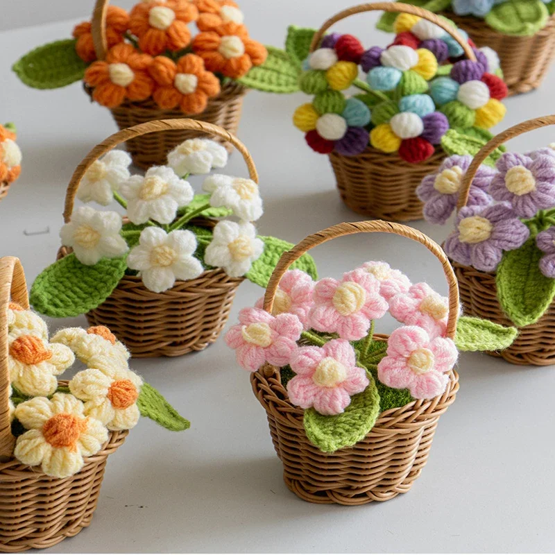 knitted Flower Potted Crochet Flowers Cute Hand Woven Plant Finished Woven Flowers Office Home Decor