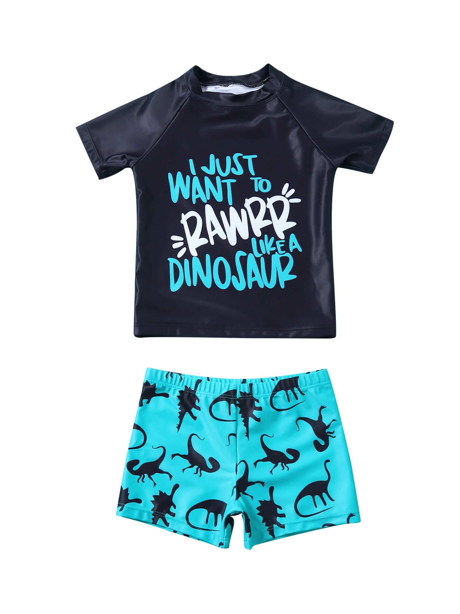 Jongen Leuke Tweedelige Split Badpak Unieke Brief Gedrukte Korte Mouwen Tops En Cartoon Dinosaurus Shorts