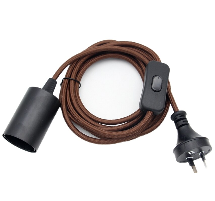 220V-240V 3m Australian Power Cord Fabric Cloth Covered with 2 Prong AU Plug Switch E27 Fittings For Hanging Light Cord Set: Dark Brown