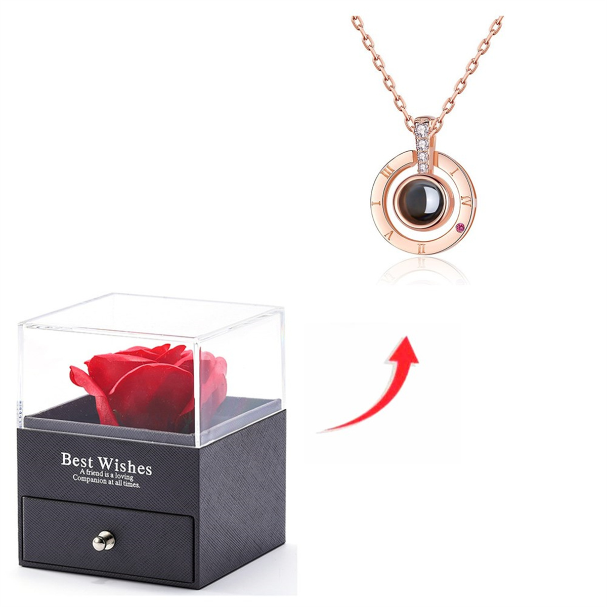 impostato di collane di proiezione con confezione regalo di rosa 100 lingue Ti amo Gioielli con ciondolo a forma di cuore Accessori di vendita caldi Dropshipping: Rhodium d'imitazione placcato