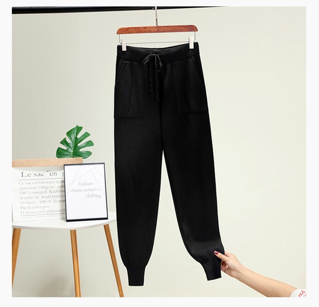 Pantalon sarouel de sport avec élastique à la taille pour femme, vêtements avec cordon de serrage, en tricot épais, automne et hiver: Black