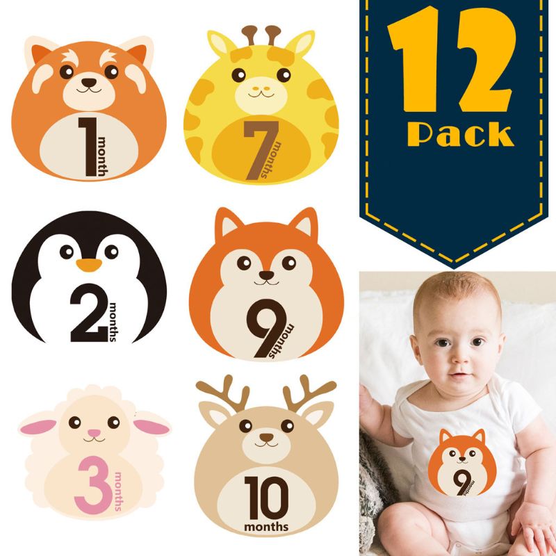 12 Pcs Animal First Year Monthly Milestone Photo Sharing Baby Belly Stickers 1-12 Months