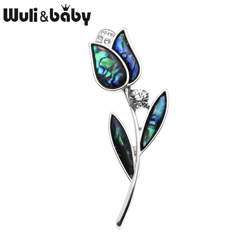 Wuli&Baby Natural Abalone Shell Tulip Brooches For Women Alloy Metal Flower Brooch Pins Jewelry Accessories