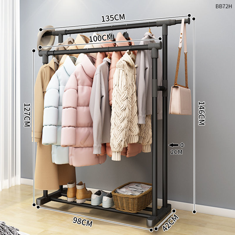 Clothes Rack Bold Single Rod Balcony Drying Rack Coat Rack Clothes Organizer: H135cm black double