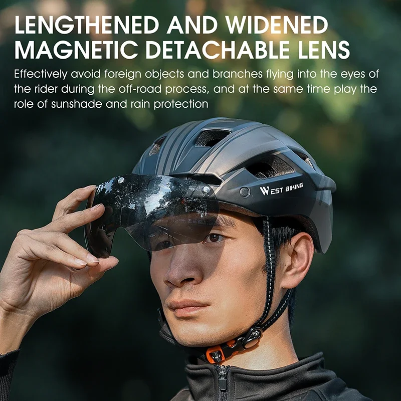 WEST BIKING-casco de ciclismo para hombre y mujer, gafas con luz trasera, visera para el sol, casco para bicicleta de montaña y carretera, gorra segura para motocicleta