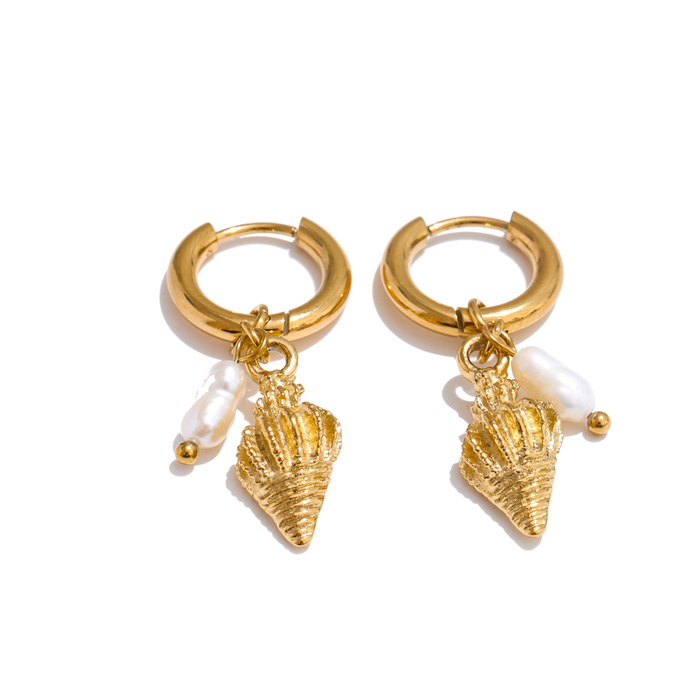 Yhpup Oceaan Stijl Natuurlijke Parel Schelp Zeester Zomer Hoepel Oorbellen voor Vrouwen Roestvrij Staal Dagelijkse Sieraden: Puur Goud Kleur