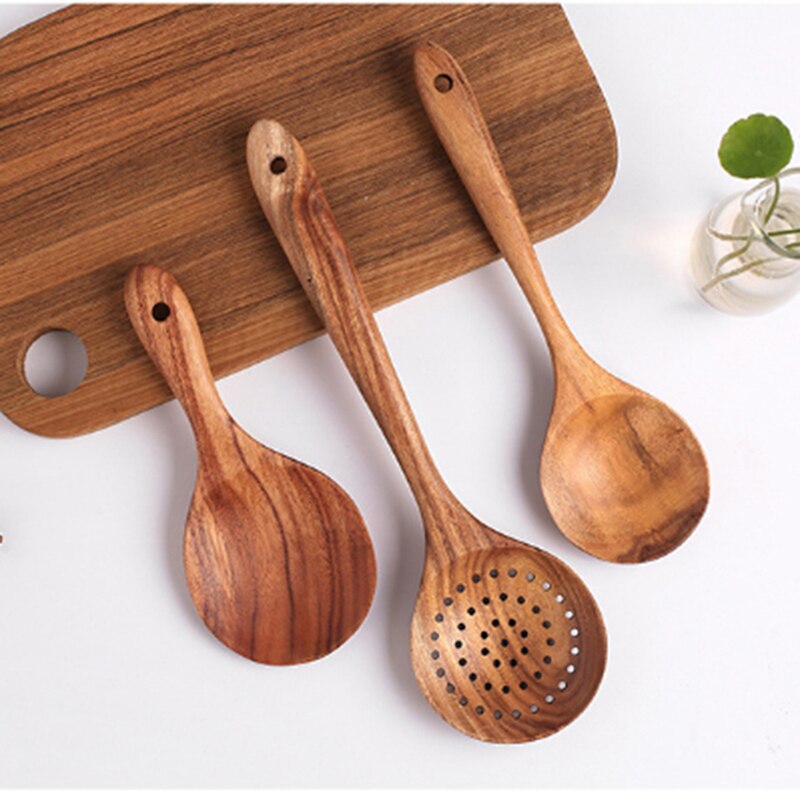 7 typer thai teak trä turner spatel ris sked stor soppa skopa för matlagning trä köksredskap leveranser