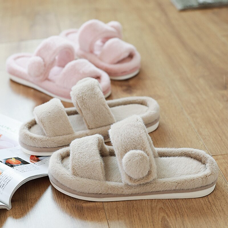 Winter Huis Effen Bont Slippers Voor Vrouwen Slaapkamer Warm Pluche Dames Platte Schoenen Comfortabele Indoor Vrouwen Furry Slipers