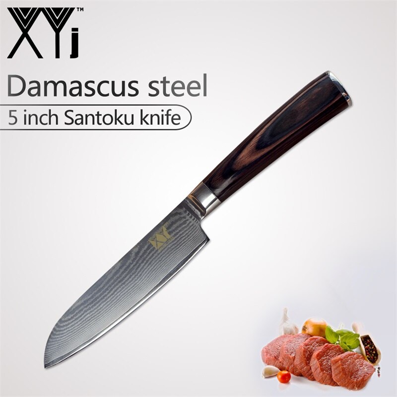 Xyj  vg10 damaskus stål køkkenknive tilbehør 73 lag japansk damaskus stålkniv køkken madlavningsværktøj: 5 tommer santoku kniv