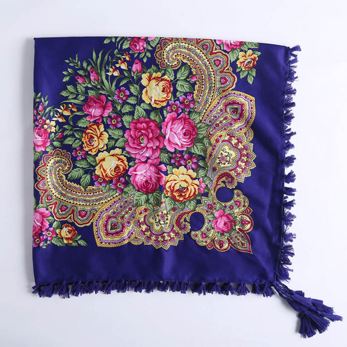 90*90CM Women Russian Style Peony Floral Printed Long Tassel Large Square Scarf Warm Wrap Traditional Ethnic Mexican Shawl: army green