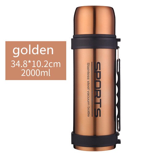 Grote Capaciteit Roestvrijstalen Thermoskan Outdoor Reizen Sport Persoonlijkheid Water Cup Draagbare Isolatie Vacuüm Cup 1.5L / 2L: 2000ml golden
