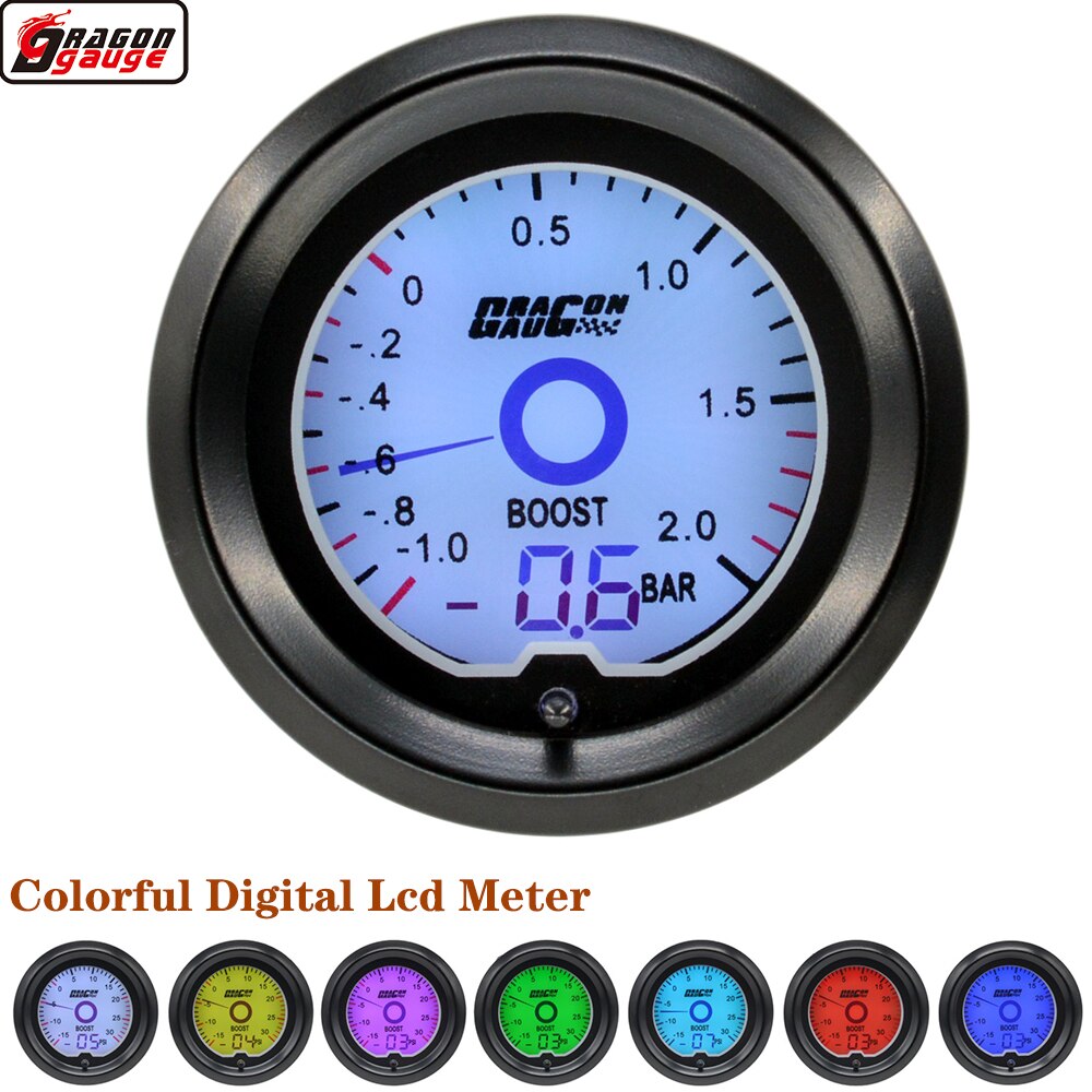 Dragon 52mm 2 Inch LCD Pointer 7 Colors Backlight Car Digital Turbo Boost Gauge -1~2 Bar Press Meter With Sensor