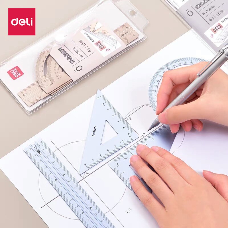 Deli Aluminium Ruler Set 4pcs/set Metal Geometry Maths Drawing compass DIY stationery Rulers mathematical for School 79532