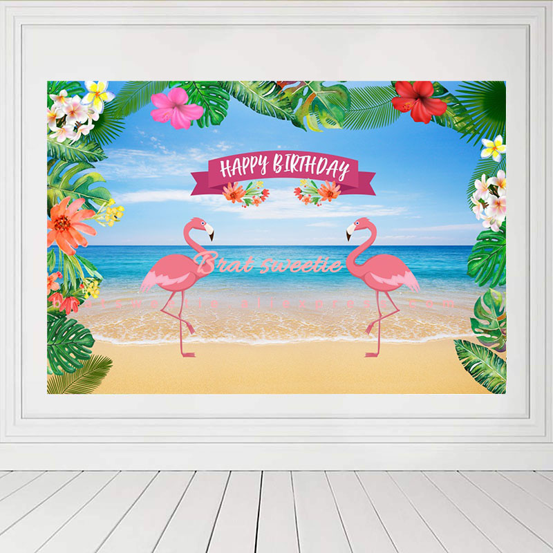 Telones de fondo de feliz cumpleaños de 7 x 5ft pulgadas con flamencos, decoraciones para fiesta hawaiana, vinilo, playa, fondo tropical, fondo fotográfico de pared aloha