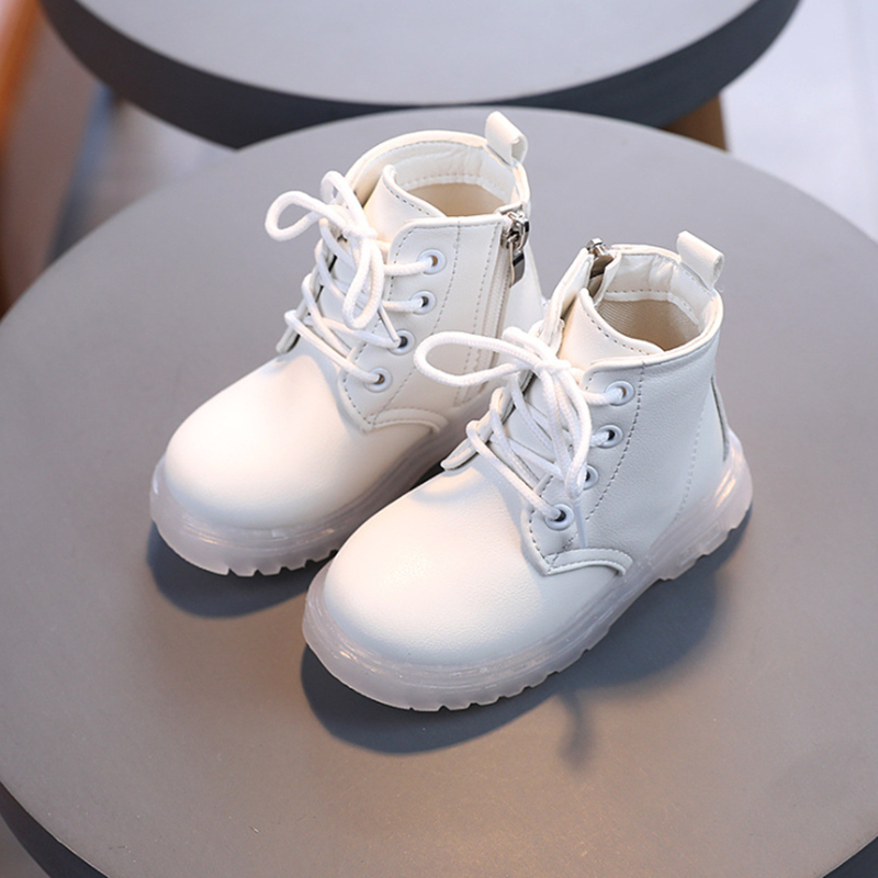 Zapatos de invierno con cremallera lateral para niños y niñas, botas a prueba de agua de cuero PU, botas de goma, zapatillas de nieve,: Blanco / 25