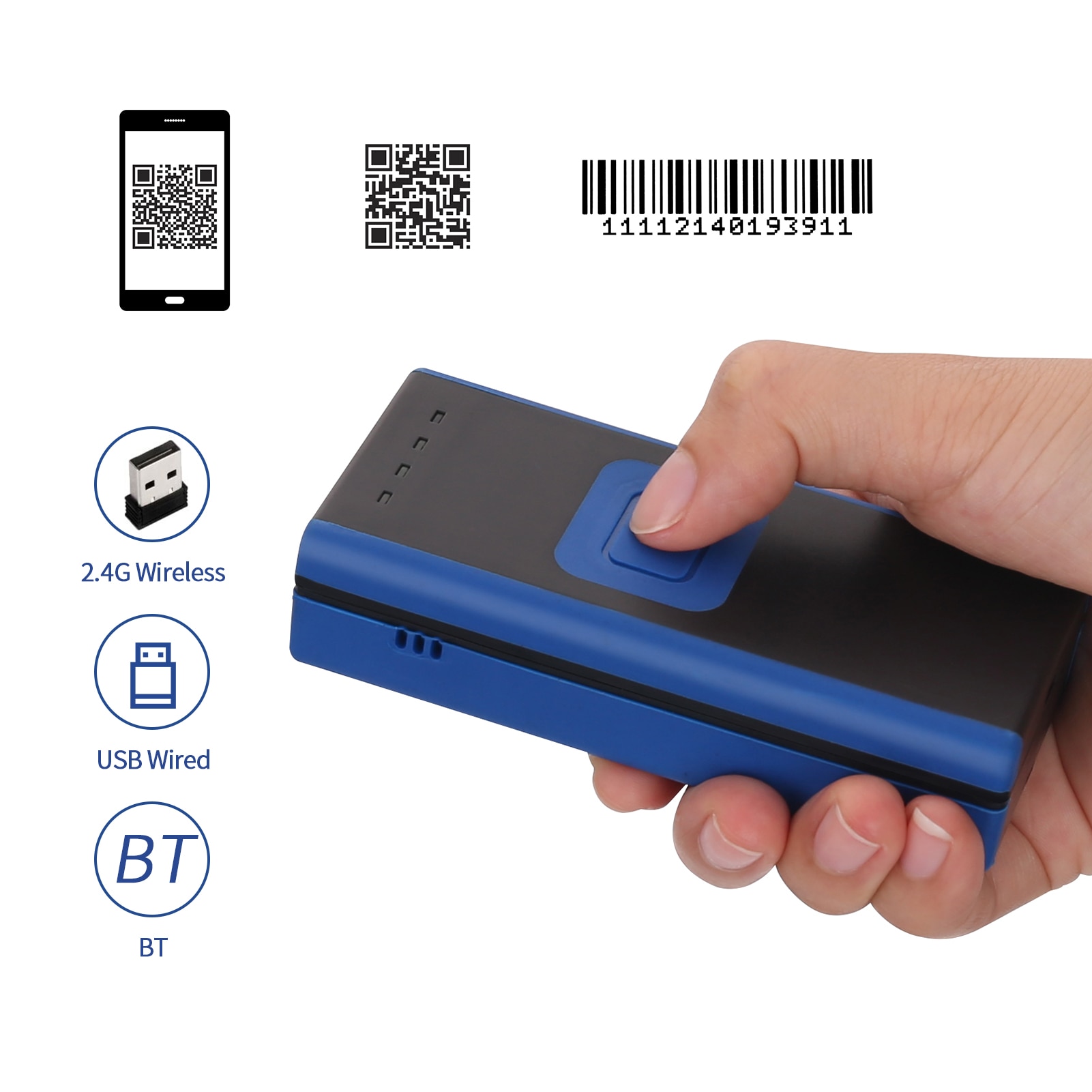 Aibecy Handheld 1D 2D QR Mini Barcode Scanner 3-in-1 BT &amp; 2.4G Wireless &amp; USB Wired Bar Code Reader Portable Scanner