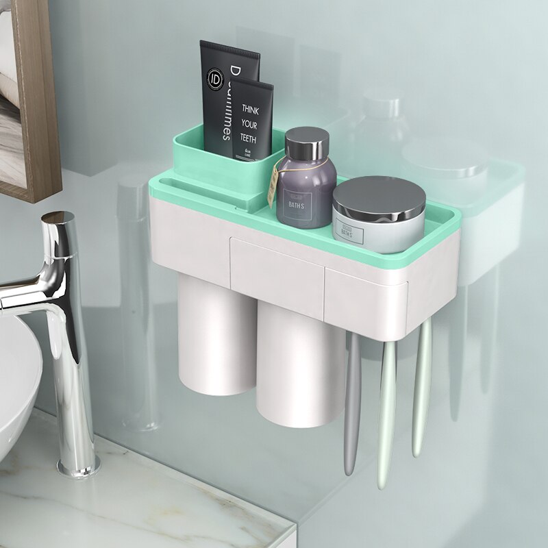 Badkamer Accessoires Tandenborstel Houder Set Tandpasta Organizer Tandenborstel Rack Wall Mount Magnetic Adsorptie Met Cup: Green 2 Cups