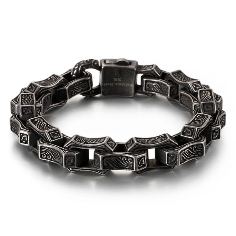 Punk Vintage Crub Platz Box Link Kette Manschette Männer Armband Matt Schwarz/Silber Farbe Viking Männlichen Armreif Modeschmuck: Matte Black Color / 23cm
